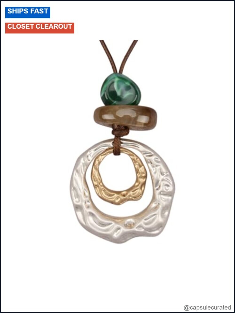 Faux Leather Cord Necklace with Double Ring Pendant Boho Style Jewelry